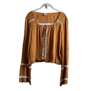 COAST Mustard Yellow Boho 70's Festival Embroidered Crop Long Sleeve Blouse L